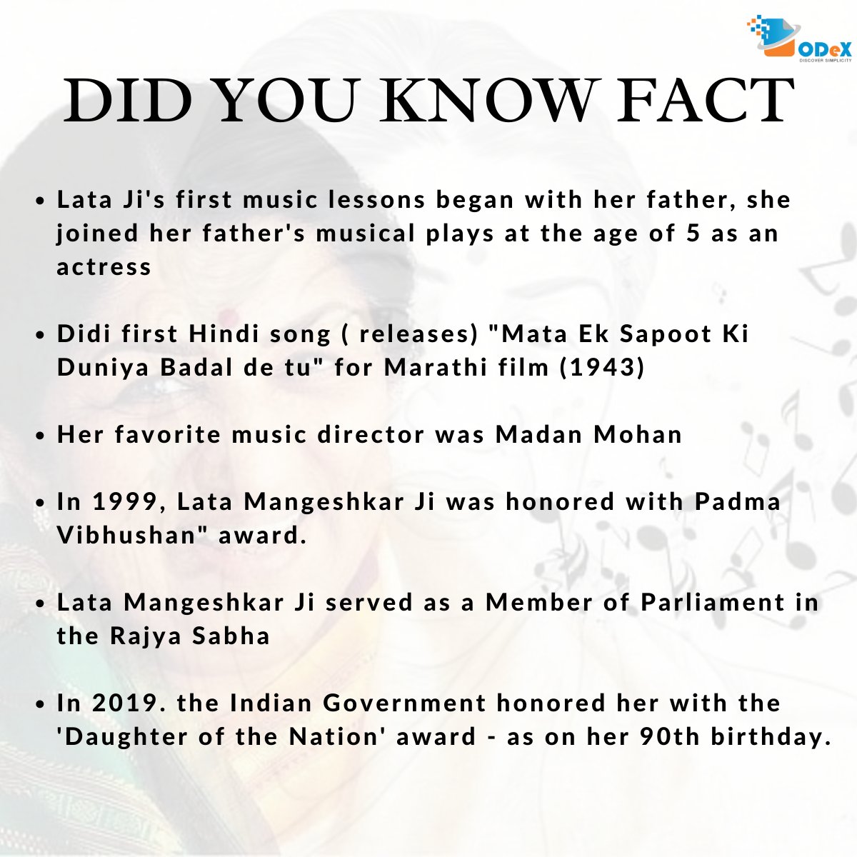 ODeXGlobal's tweet photo. A tribute to Nightingale of India.
"I believe in one power, and that is the hand of God. I respect all religions.
-Lata Mangeshkar
#Discoversimplicity #NightingaleofIndia #voiceofindia #music #riplatamageshkarji https://t.co/59uUwbUTs0