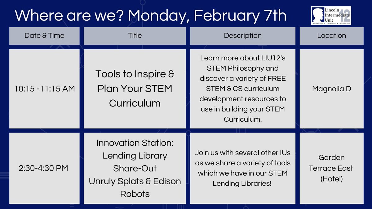 LIU12_EdTech's tweet image. Looking for @LIU12_STEM today @peteandc? You can find @Abbey_the_Lich and @msbondsgotclass  sharing the LIU12 STEM Philosophy and Curricular Resources in the AM and showcasing their Lending Library resources in the PM!