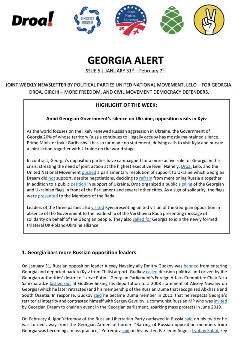 DroaParty's tweet photo. Fifth issue of #GeorgiaAlert is out - joint weekly newsletters on political developments in 🇬🇪 by Droa, @UNMGeorgia , @DemDefGeo, @LeloForGeorgia &amp; @Girchi_GE.

Let us know if you would like to be added to the mailing list. https://t.co/fjiEB5hDGF