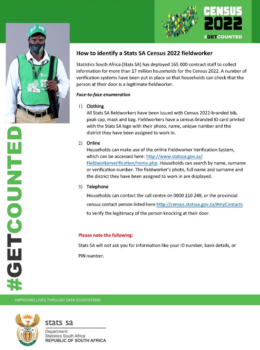 Your safety is important to us! Here's how you can identify a #StatsSA #SACensus2022 fieldworker. They have been issued with photo ID with their name &amp; unique number. This info can be used to verify them on the Fieldworker Verification System: statssa.gov.za/Fieldworkerver…

#GetCounted
