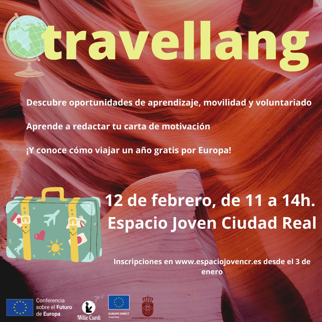 #Travellang Este sábado, taller en el Espacio Joven Ciudad Real sobre aprendizaje, movilidad y voluntariado junto a <a href="/MilleCunti/">Mille Cunti</a> 🍀

🌏¿Quieres irte un año gratis a Europa?

❗Inscríbete en: espaciojovencr.es/juventud/formu…

<a href="/wikiCR/">wikiCR Ciudad Real</a>