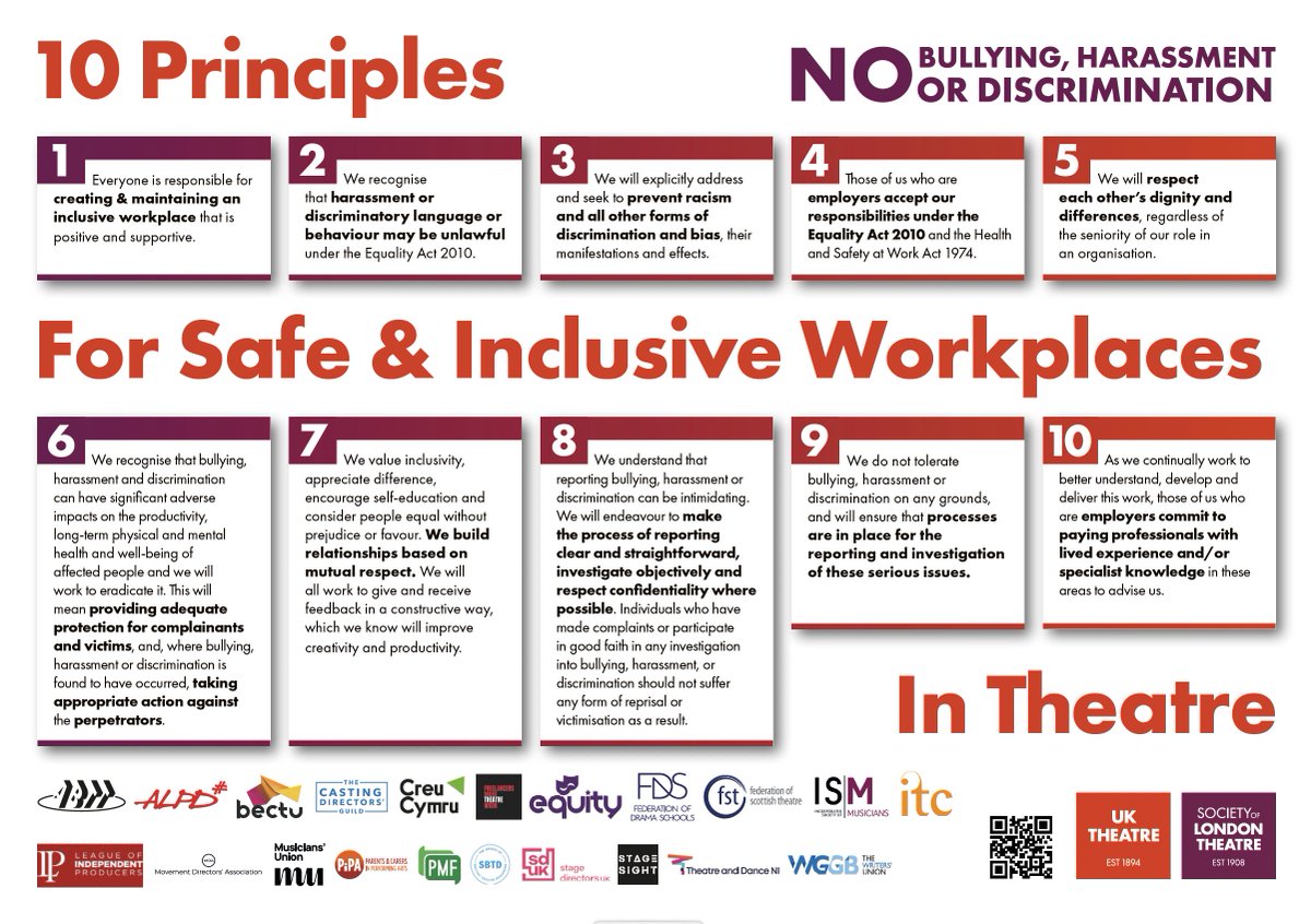 uk_theatre's tweet photo. The #10Principles were recently revised to help create safe & inclusive working spaces in the theatre industry. Supported by 22 other leading organisations, @uk_theatre & @SOLTnews encourage all employers to adopt these principles.
https://t.co/wrKvzdlofd
(2/7) https://t.co/zTITJjWsVm