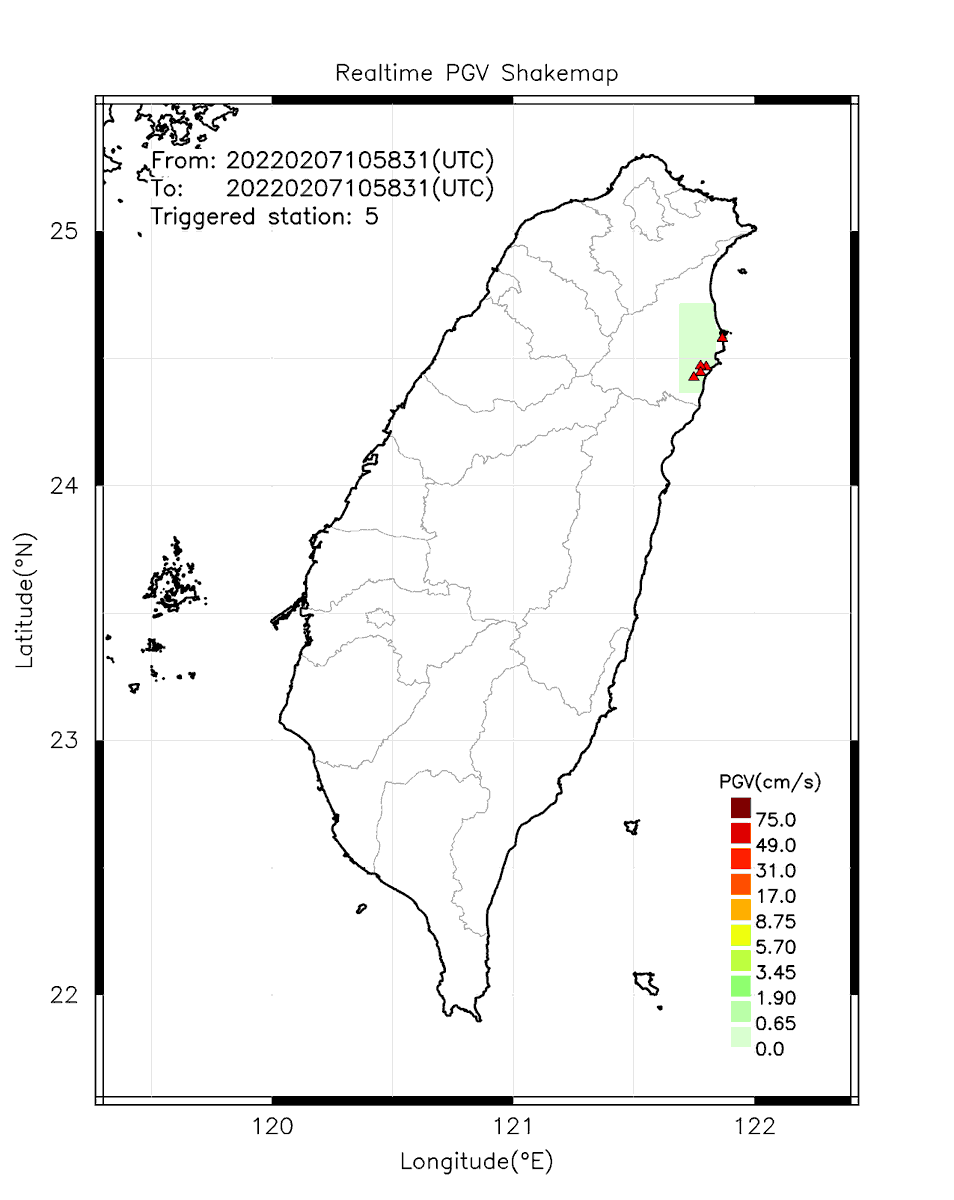 eew_p's tweet photo. Automatically Plotted Shakemaps:
* 2022-02-07 18:58:31 (UTC+08:00, Taipei)
* Evt. 20220207185831, First Report.
* Total 5 triggered stations

Note: These shakemaps are not yet confirmed, for reference only!
#地震 #台灣 #earthquake #Taiwan https://t.co/pDaxygjNcG