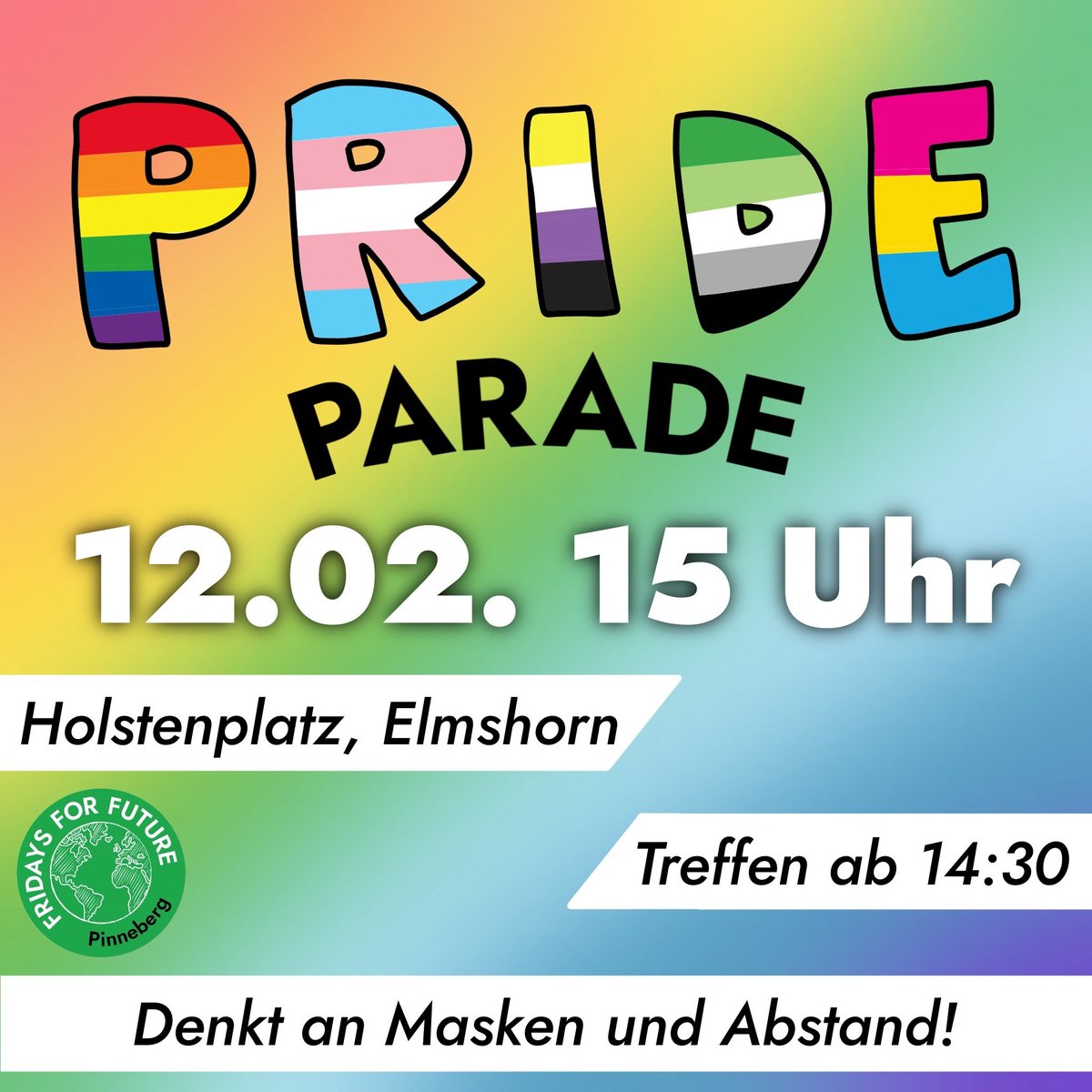 🏳️‍🌈 PRIDE PARADE 🏳️‍🌈

Die Pride AG der Elsa Brändström Schule veranstaltet die erste Pride Parade in Elmshorn. FFF Pinneberg will sie dabei unterstützen die LSBTQ+ Community zu feiern!!

✨💚 Last uns ein Zeichen für Gemeinschaft und Toleranz setzen.💚✨

#Pride #FridaysForFuture