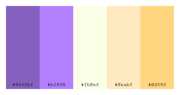 ColPaletteBot's tweet photo. Beep beep, here's a pretty color palette for you!
color-scheme.js parameters used:
- hue: 281
- variation: light
- colors: #8660bf, #b280ff, #fbffe6, #ffeabf, #ffd580
Have a lovely day!
#twitterbot #colorpalette #colors #palette #prettycolors https://t.co/93OXd5pf1A