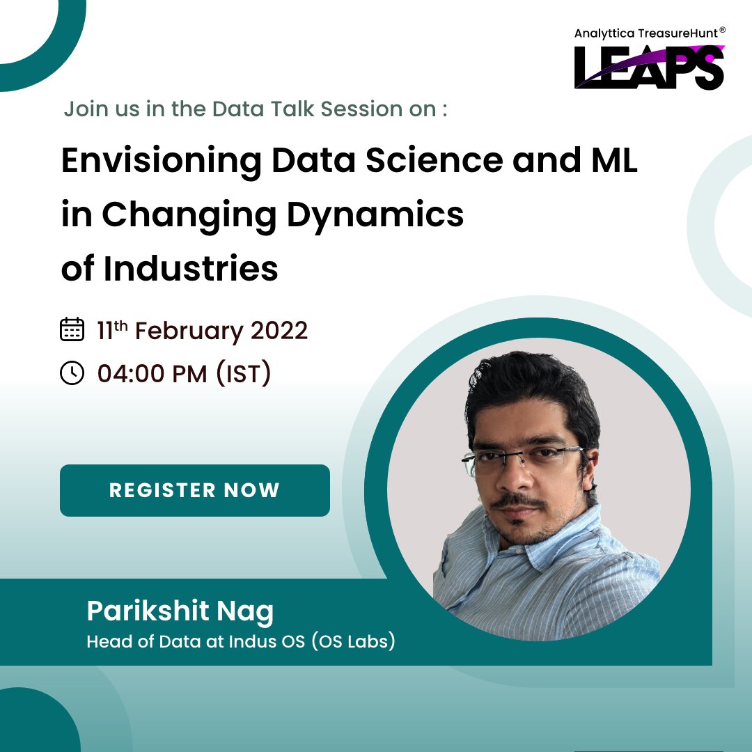 Analyttica's tweet photo. Join Parikshit Nag, Head of Data at Indus OS on 11 February, as he shares his Data Science journey and insights around how Data Science and ML is helping in changing the dynamics of industries. Register now at 👉https://t.co/P1oM6NdZTW

#datatalk #machinelearning #datascience https://t.co/sBqTvSpJVg