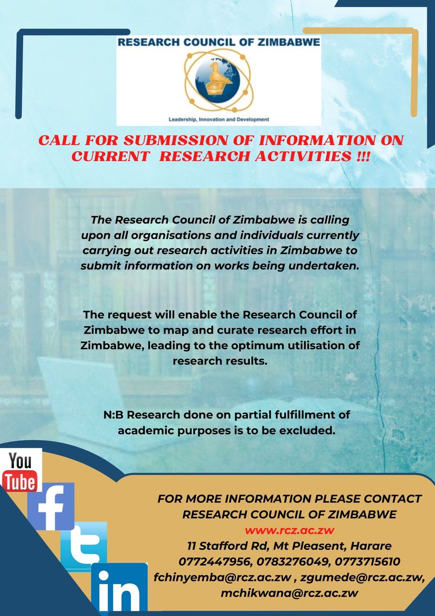 Are you carrying any research work in Zimbabwe? Kindly register with the Research Council of Zimbabwe . @UZCHSRSC @buseonline1 @great_zimuniv @UNICEF @UNDPZimbabwe @HeraldZimbabwe @zeraenergy @The_MRC @MoHCCZim @MidlandsState @ChinhoyiCUT