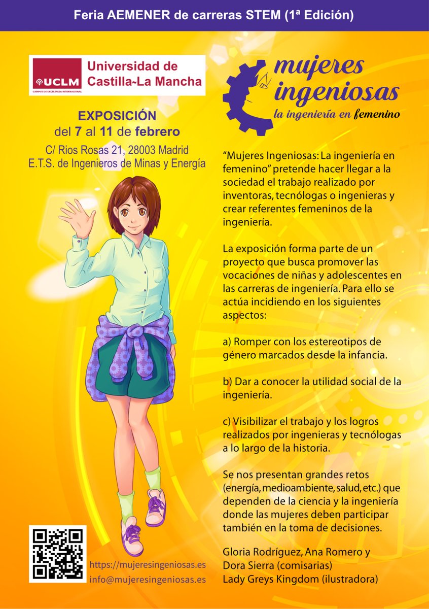 mujeresingenios's tweet photo. Exposición Mujeres Ingeniosas: la ingeniería en femenino 🗓️7 y al #11defebrero en c/Ríos Rosas 21 @minasenergiaupm de ⏳8:00 a 20:30 hr de lunes a viernes.
1ª #FeriaSTEM  👩🏿‍🔬@Mujeres_Energia @InstMujeres @uclm_es @UCLMdivulga @Igualdad_UCLM @IndustrialesCR @eiia_toledo #Mujeres https://t.co/6TSuwT0HB4