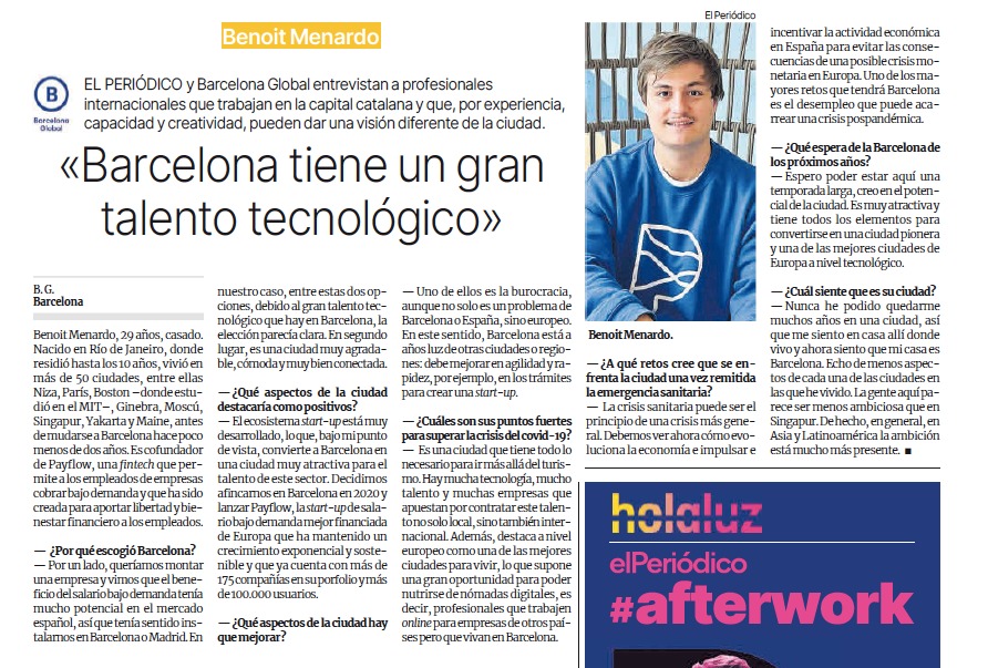 BarcelonaGlobal's tweet photo. “Barcelona tiene un gran talento tecnológico”. Lee la entrevista a @BMenardo co-founder de @Payflow_es publica hoy en @elperiodico. https://t.co/mS7m9zUQFr