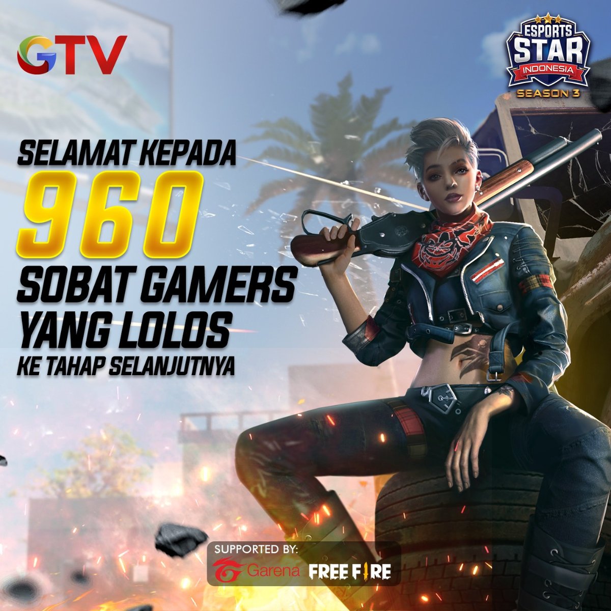 OfficialRCTI's tweet photo. Selamat kepada 960 Sobat Gamers yang lolos ke tahap selanjutnya untuk jadi calon Bintang Esports berikutnya!
.

.
Esport Star Indonesia Season 3
SEGERA di @officialgtvid
.

#GTVEsports #ESISeason3 #EsportsStarIndonesiaGTV #GTVHomeOfEsports #FREEFIREID #FF https://t.co/UERxDnR5kw