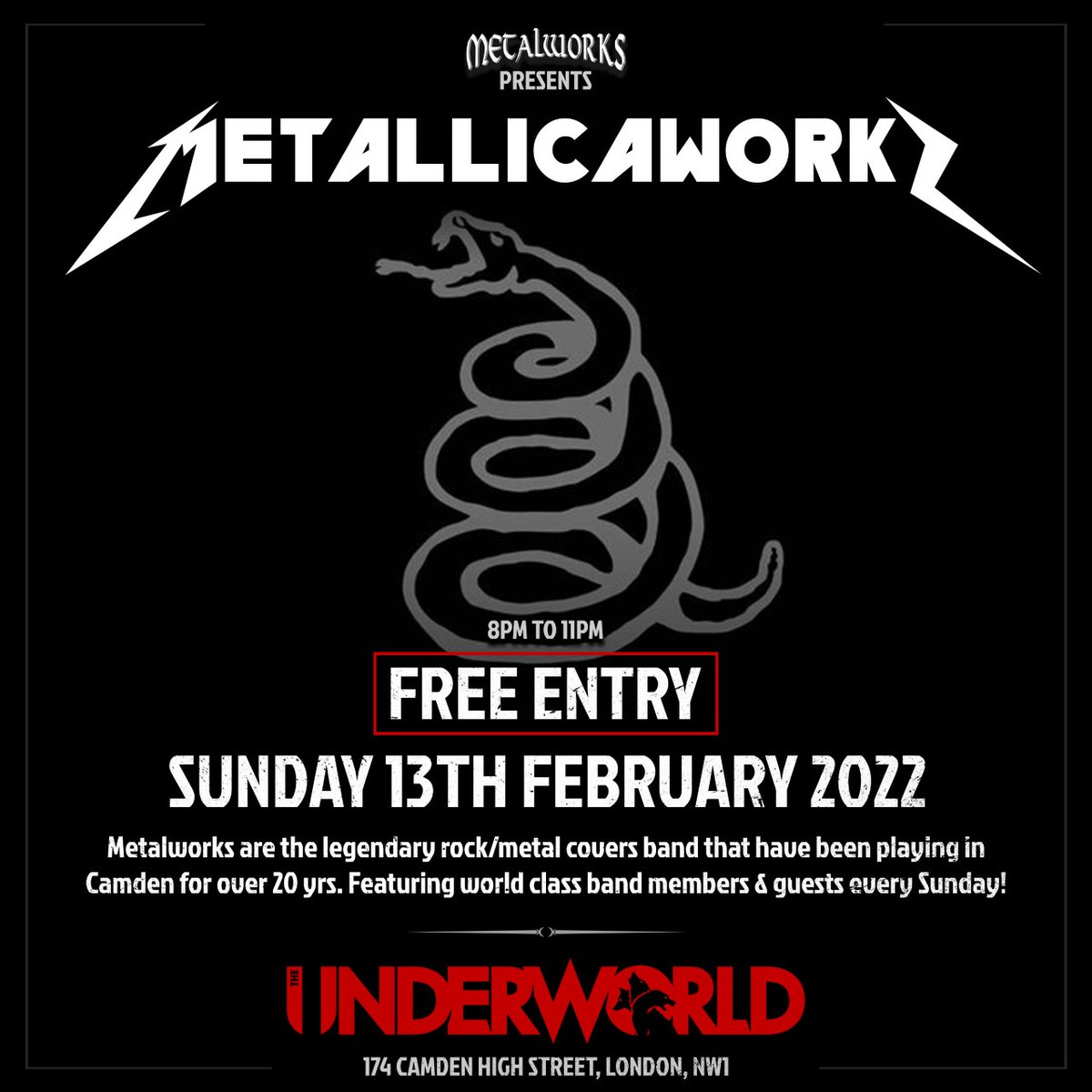 MetalworksRock's tweet photo. MetallicaWorks This Sunday 13/2 @TheUnderworld FREE ENTRY 8-11pm #ClassicRock #HeavyMetal #LiveMusic #Metallica #Megadeth #ACDC  #IronMaiden #BlackSabbath &amp; more @CamdenTownLDN  #CamdenRocks @G_g_t_S @CamdenRocksClub https://t.co/3c0qzfHBX7