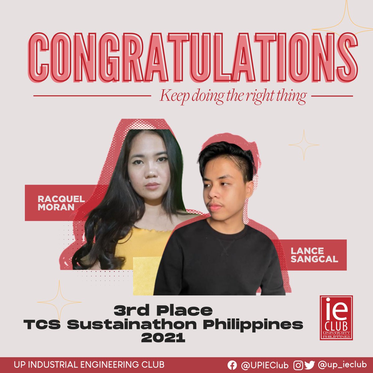 up_ieclub's tweet photo. We would like to congratulate our resident Clubbers, Racquel Moran and Lance Sangcal, for finishing 3rd place in the TCS Sustainathon Philippines 2021 which concluded last January 28, 2022.

We are so proud of you! Keep doing the right thing, Clubbers! ❤️ https://t.co/5HGgHGHHFT