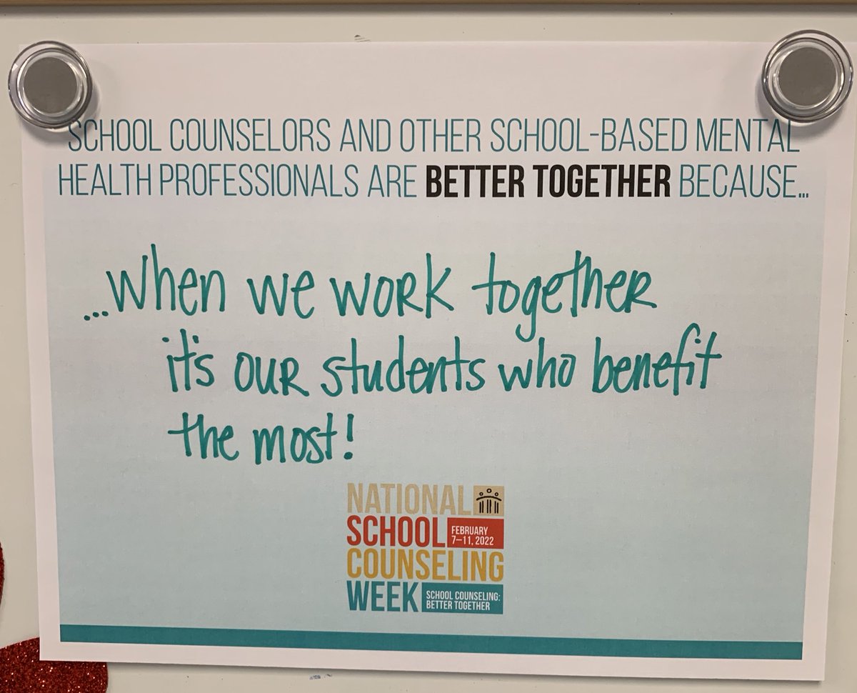School counselors often collaborate with other school staff, such as our school psychologist, school social worker, and school nurse. We all work together to serve students' needs as they navigate school and life. We are so much stronger together! #NSCW2022 🐶🐾🐾