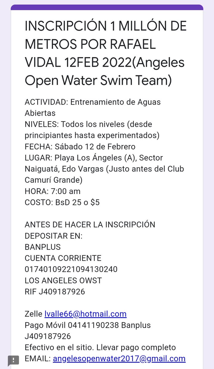 AngelsOpenWater's tweet image. Próximo sáb  #12Feb 7 am #Entrenamiento de #AguasAbiertas en #PlayaLosAngeles #Naiguata #Vargas para nadadores #master principiantes y experimentados. Inscripciones link sig docs.google.com/forms/d/e/1FAI… Invitados @NataciondeVzla @adaem_vzla @fundacion_MAR @RevistaFortius @osmarycnn
