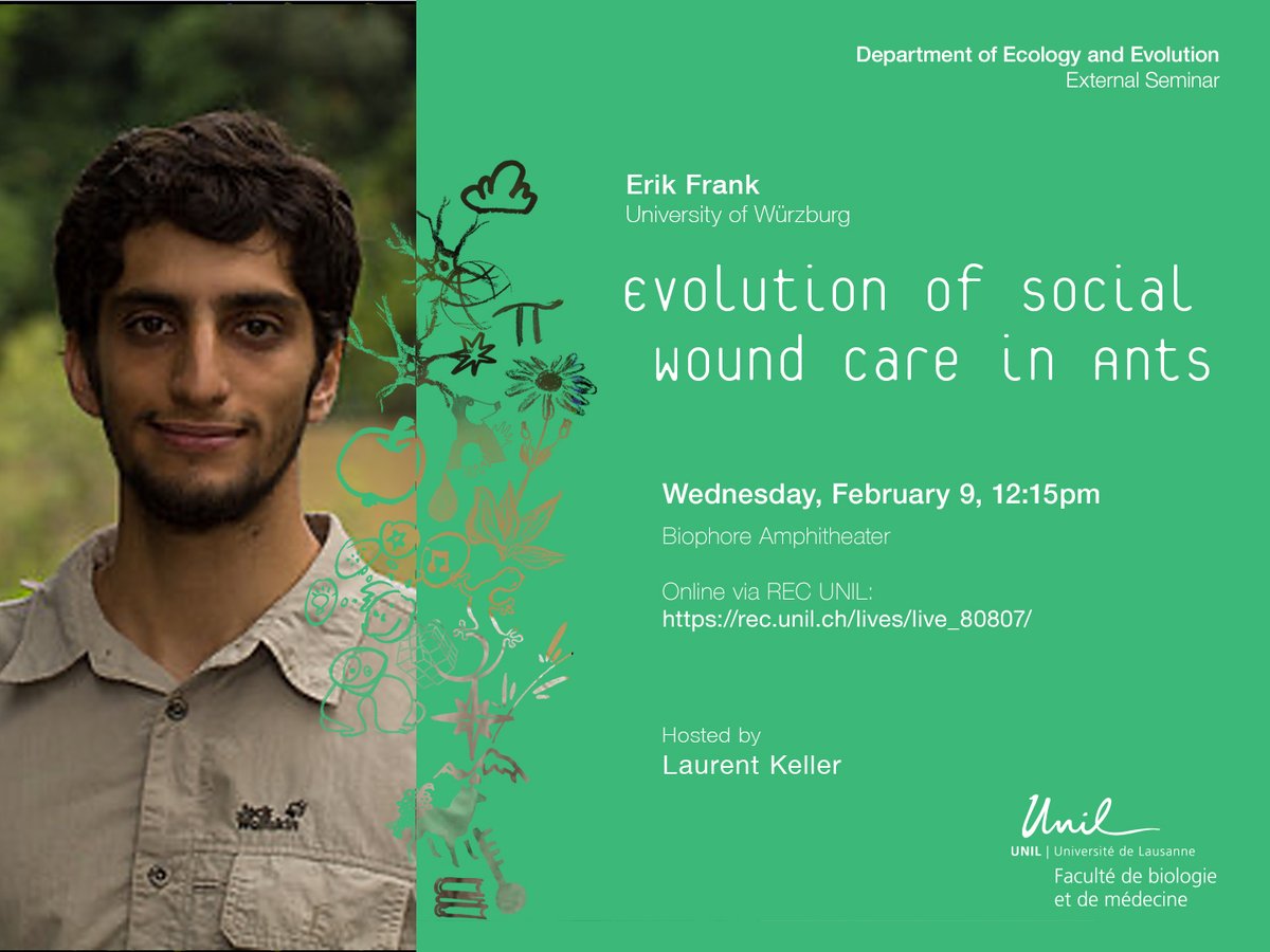 DEE UNIL (@dee_unil) on Twitter photo We are kicking off this year's DEE External Seminars with a presentation from Erik Frank <a href="/ETF1989/">Erik Frank</a> about ants' social wound care 🐜🩹. Join us at 12:15 on February 9th at the Biophore Amphi or online via RecUNIL rec.unil.ch/lives/live_808…. More info: unil.ch/dee/home/menui… We are kicking off this year's DEE External Seminars with a presentation from Erik Frank <a href="/ETF1989/">Erik Frank</a> about ants' social wound care 🐜🩹. Join us at 12:15 on February 9th at the Biophore Amphi or online via RecUNIL rec.unil.ch/lives/live_808…. More info: unil.ch/dee/home/menui…