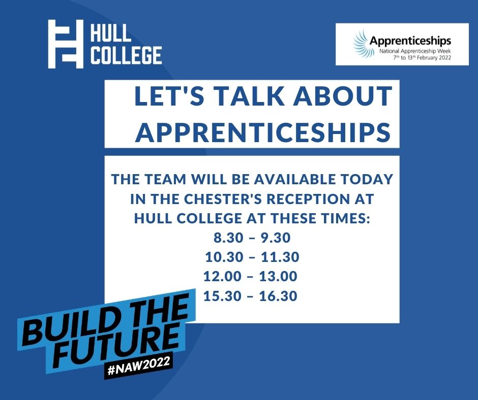 Don't forget to visit the <a href="/hullcollegegrp/">Hull College</a> Apprenticeship Team today. They will be available to talk about your options in the Chester's Reception, but If you can't make it today, there is still a chance for you to visit the team tomorrow and Wednesday. #naw2022 #buildthefuture