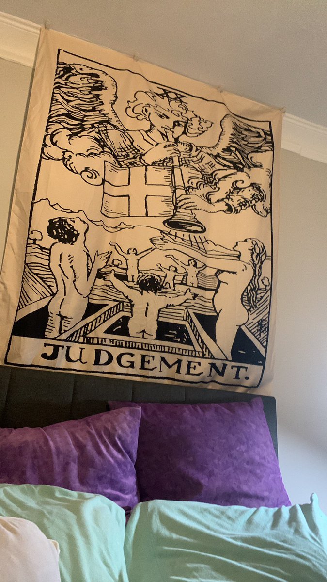 MaxieGoblin's tweet photo. Redecorating and thought of the PERFECT place to put my judgement tarot card tapestry: above my bed https://t.co/neDofdaIUs