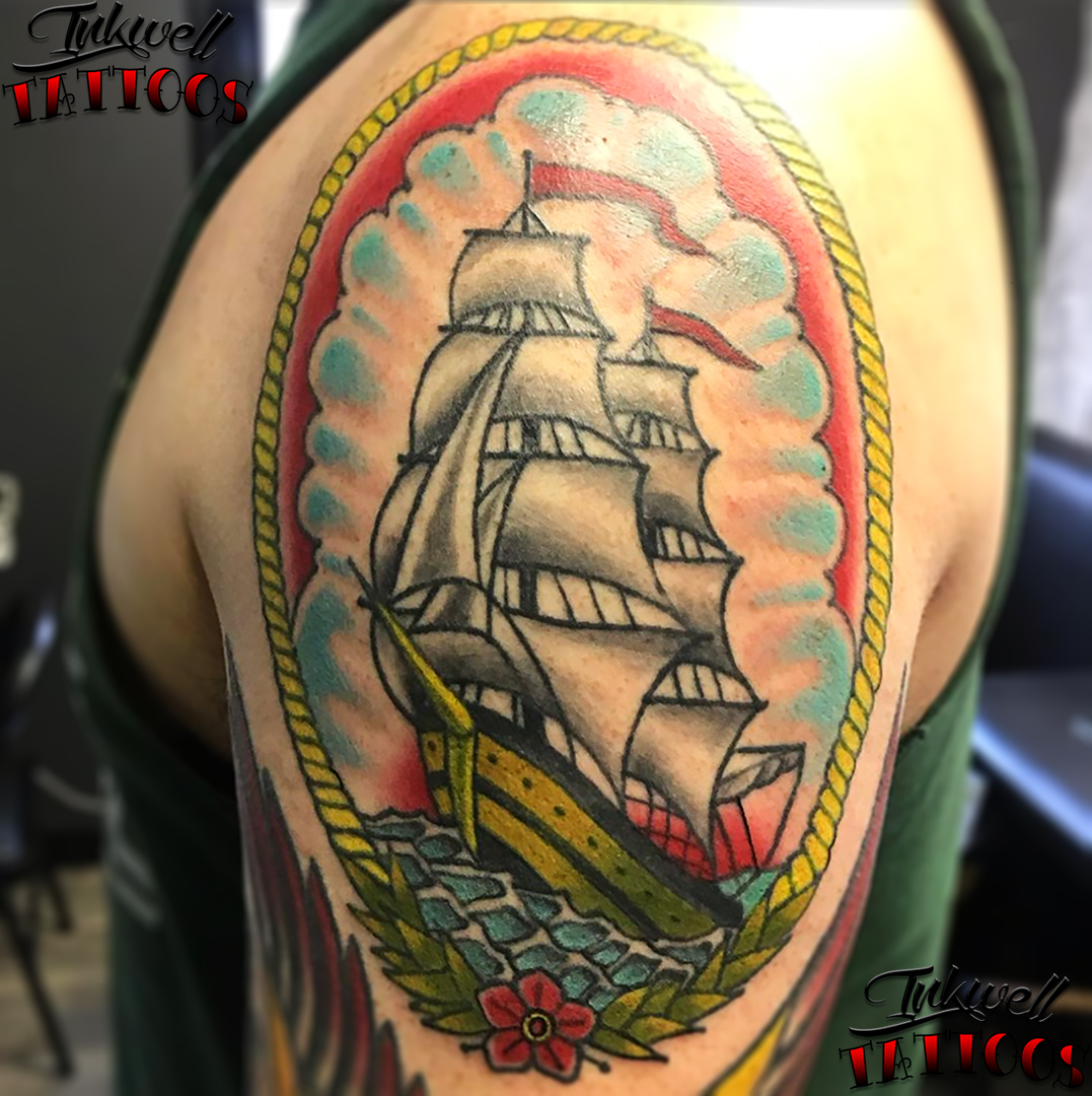 Tattoo uploaded by Logan Dziak  Traditional Clipper Ship done by Oliver  Peck AmericanTraditional traditional traditionaltattoo  Tattoodo