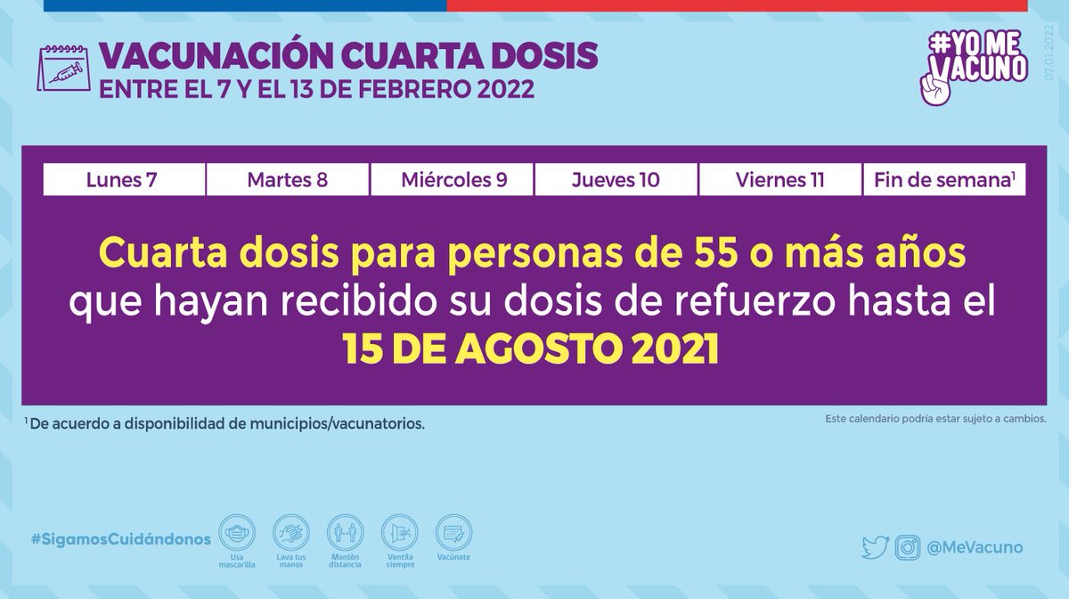📌 La semana entre el 7 y el 13 de febrero del 2022 comenzará la vacunación de #CuartaDosis contra #COVID_19 para población general en Chile 

📲 Revisa el detalle de todos los calendarios e infórmate más sobre el #PlanDeVacunación acá gob.cl/yomevacuno
#YoMeVacuno ✌