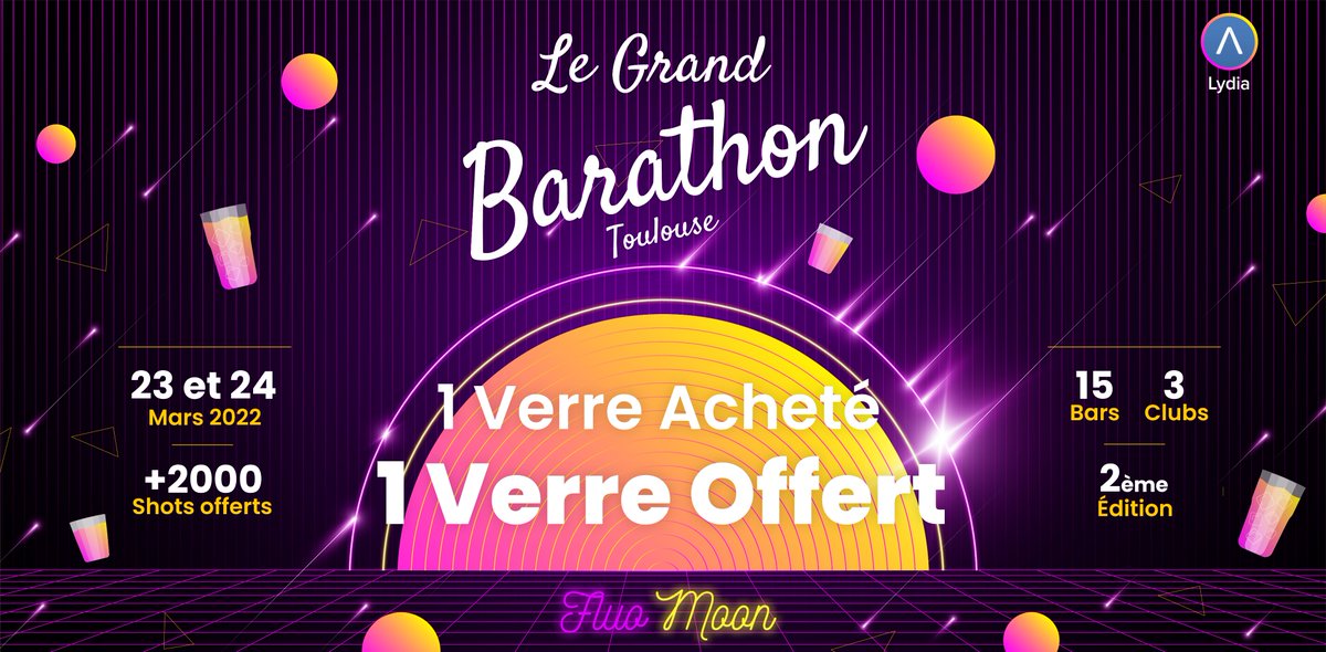 legrandbarathon's tweet photo. Le Grande Barathon débarque en mars et avril 2022 dans 4 villes : Toulouse, Montpellier, Lyon et Grenoble.
🔥 1 Verre Acheté = 1 Offert
🔫 Edition Fluo Moon 
🥃 +9000 Shots offerts et 4000€ de Cadeaux
🎧 60 Bars et 3 Clubs
🙋 14000 Barathoniens
👉 https://t.co/ZmRdOlrlFC https://t.co/fuIUxjcUsM