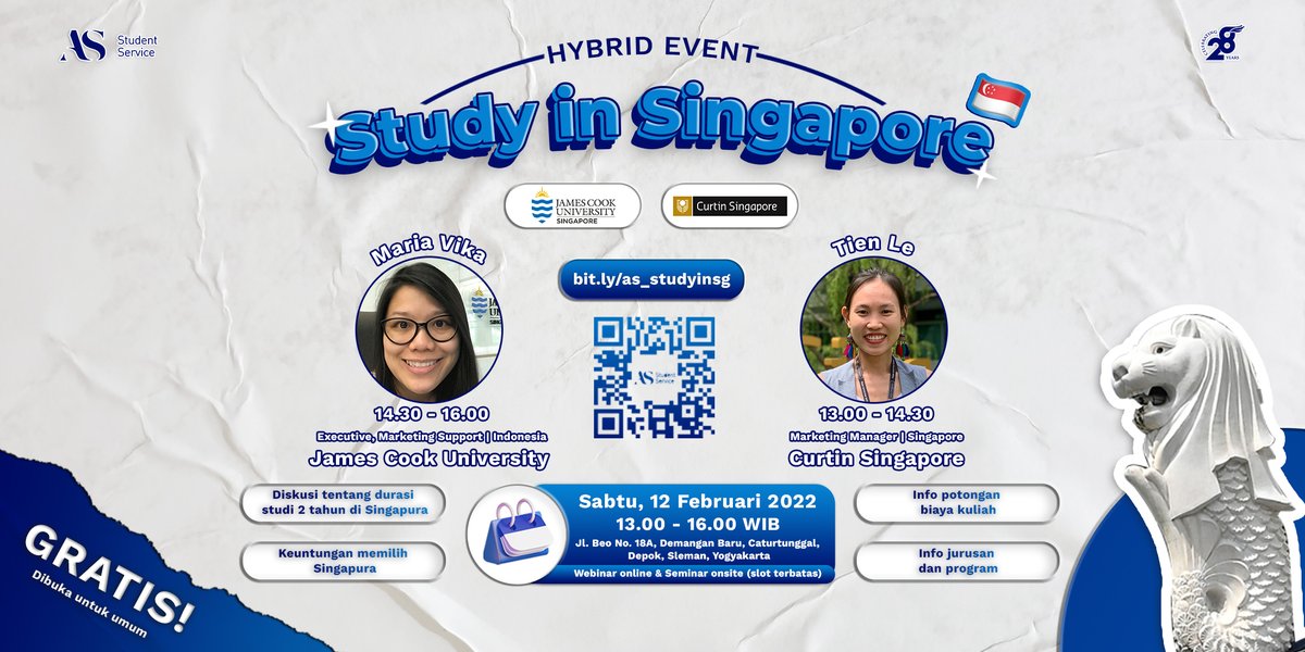 Info_AS_Student's tweet photo. Siapa nih yg baru tau kalau kuliah di Curtin Singapore dan JCU Singapore bisa selesai dalam 2 tahun? Wah asik kan!

Supaya lebih jelas lagi kamu bisa ikutin nih acaranya ya, langsung daftar disini! https://t.co/Ni7sshpNvK 

#Singapore #Curtin #JamesCook https://t.co/uQU5Am4lYD