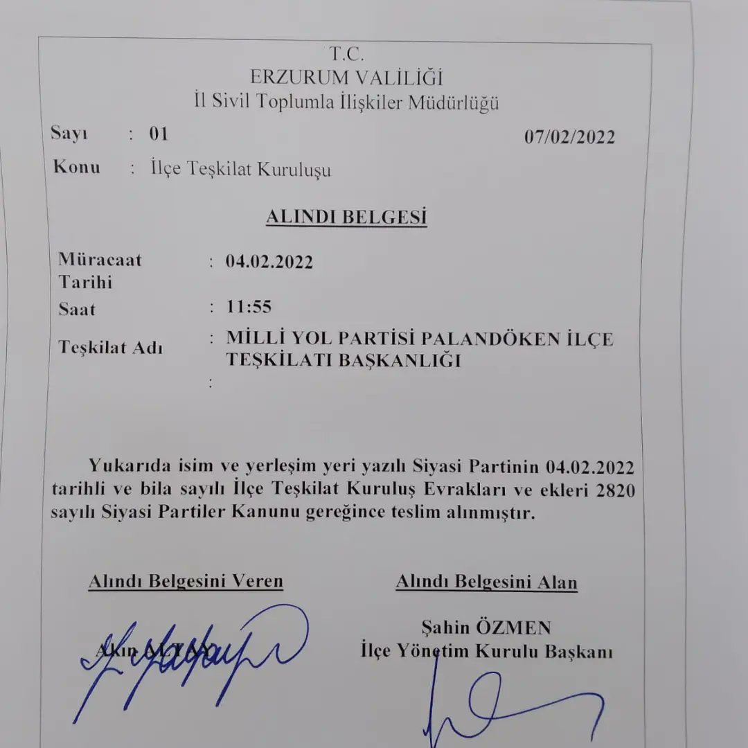 Milli Yol Partisi Palandöken ilçe başkanlığının kuruluşu için  Erzurum Valiliğinden Alındı belgemizi aldık.Rabbim bizlere Vatana, Millete, Devlete ve Şehrimize hayırlı hizmetler etmeyi nasip, bu kutlu yolda ve davada Rabbim bizleri muvaffak eylesin.
<a href="/milliyolpartisi/">Tweet Milli Yol</a>