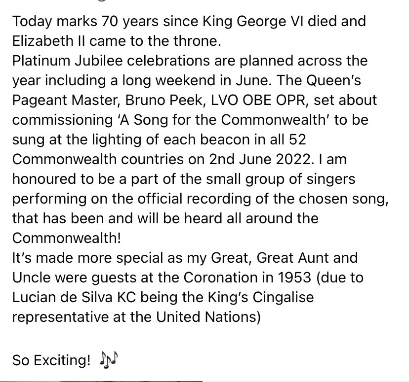‘A Song for the Commonwealth’ has been commissioned for the Queens Platinum Jubilee. I am honoured to be a part of the small group of singers performing on the official recording of the chosen song, that has been and will be heard all around the Commonwealth on 2/6/22! #jubilee