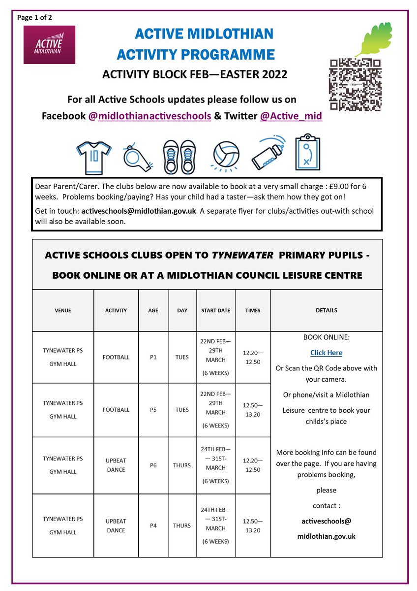 Active_Dalkeith's tweet photo. ACTIVE SCHOOLS| TYNEWATER PS

Still time to book on for these activities @TynewaterPS 

We have brilliant @UpbeatDance1 coaches ready for these sessions 
💃🕺

Football is filling fast for our coach Deborah ⚽️
#activeschoolsdalkeith https://t.co/Xjln1utPNs