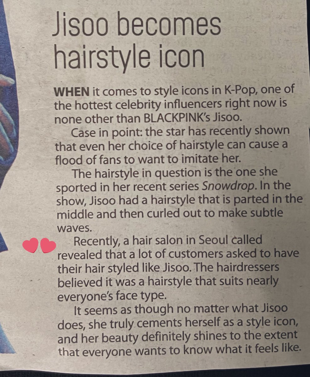 WorldwideJisoo's tweet photo. JISOO in Malaysia’s newspaper ‘The SUN’ today (7/2).

“JISOO becomes hairstyle icon”

#BLACKPINK #JISOO #블랙핑크 #지수 @BLACKPINK https://t.co/JrzU1QsdWg