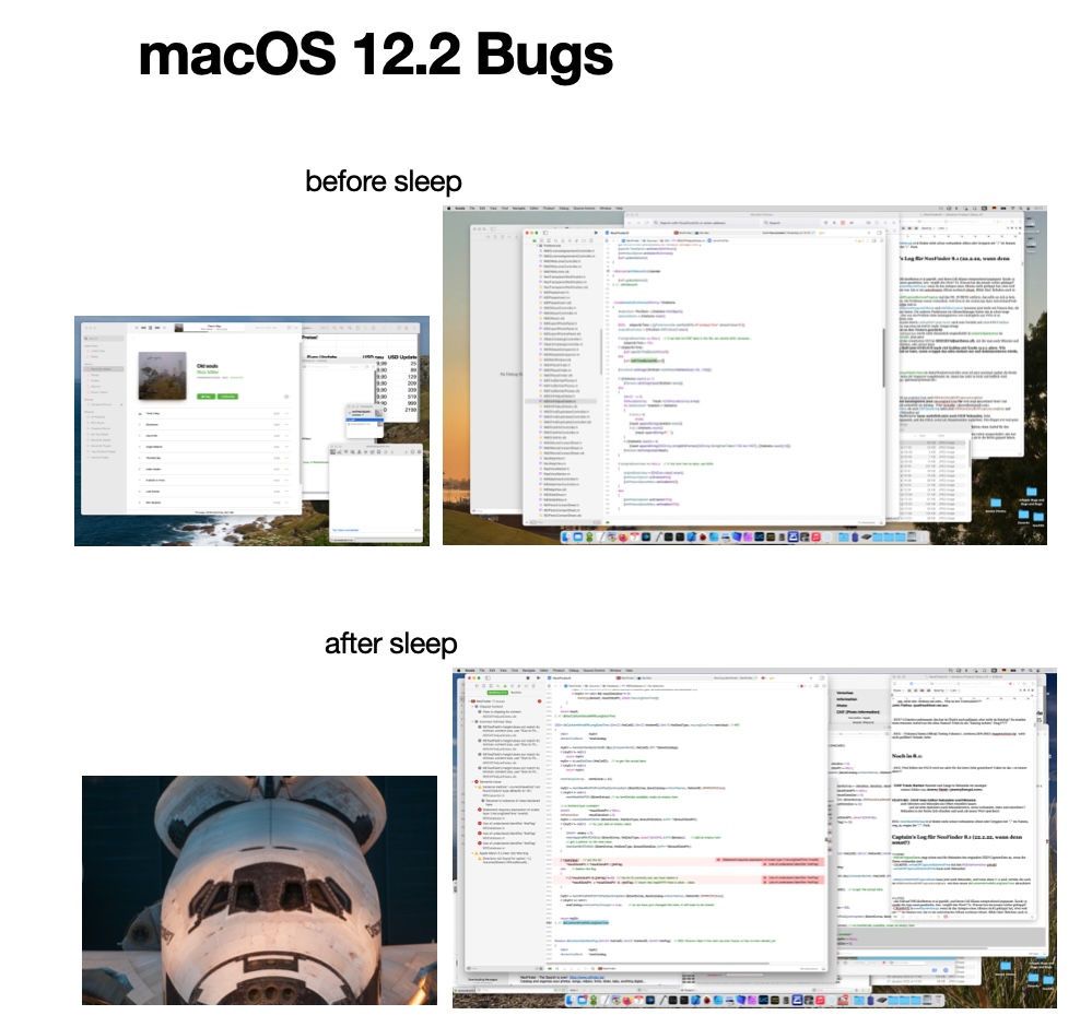 cdfinder's tweet photo. macOS 12.2 does NOT fix the bug where after waking up from sleep all windows are moved on the main display of the MacBook Pro, regardless of their previous location on other displays. ☹️
#embarrassing #BugReporter #AppleBugs #FixTheBugs @tim_cook
#macOS is #buggy https://t.co/U3uTWkxJSS