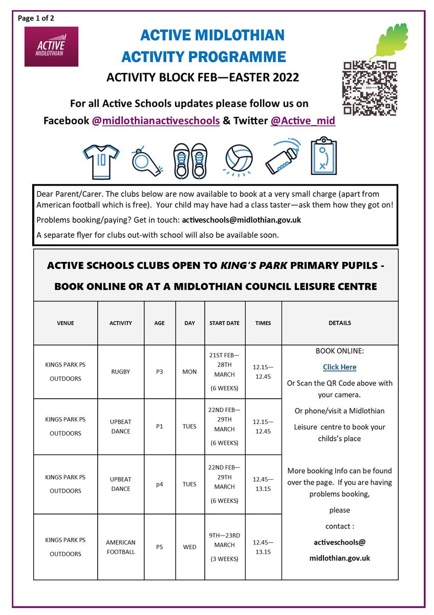 Active_Dalkeith's tweet photo. ACTIVE SCHOOLS| KINGS PARK PS

👋 Have you booked up yet for the @UpbeatDance1 at @KingsParkPS ? 💃🕺

Who fancies trying rugby or American football 🏈 

Book now so you don’t miss out! 🌟
#activeschoolsdalkeith https://t.co/RANKExdqV8