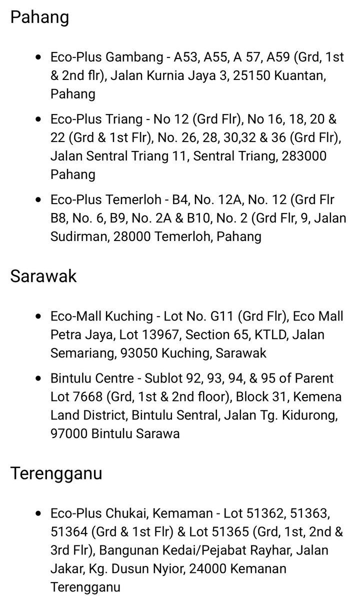 Terengganu eco plus Senarai Cawangan
