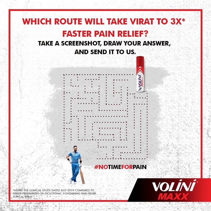 MyVolini's tweet image. The only solution to the maze of pain is 3X* faster pain relief by Volini Maxx Spray. Draw and send us your answers to help Virat reach the ultimate pain relief destination. 5 lucky winners will receive a surprise coupon code! 
T&amp;amp;C link in bio
#WinWithVolini #DrawAndWin