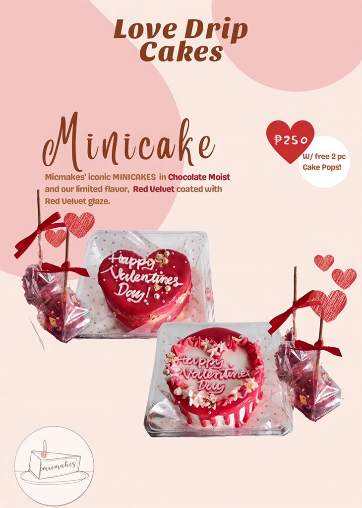 micmakesco's tweet photo. Spoil your loved ones with extra sweetness this Valentine’s with Micmakes’ Love Season Specials! ♥️🍰

Micmakes offer a variety of moist cakes with extra freebies for you and your friends, family, loved ones, or even yourself! For any queries, you may send us a private message😉 https://t.co/u4ZJoomGpW