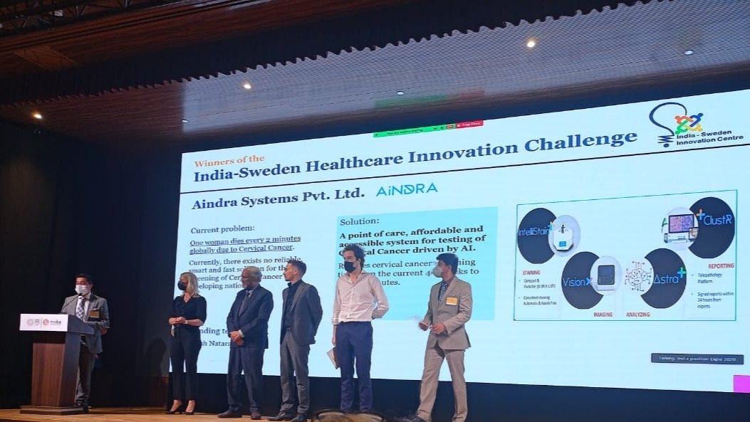 CCAMP_India's tweet photo. Congrats to CCAMP @MSH_MeitY @GoI_MeitY TIDE 2.0 cohort &amp; #DigitalHealth portfolio startup @AIndraSystems for winning @IndiaSwedenIC's 2nd Innovation Challenge #ISHIC 2021
Aindra has developed a rapid, point-of-care, AI-powered cervical cancer screening tech
@Taslimarif @ITBTGoK https://t.co/gDzqUHwjVH