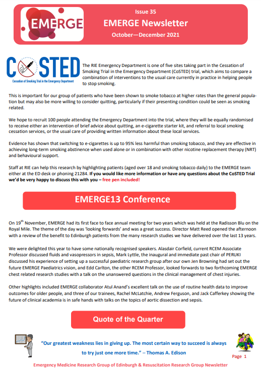 emerge_research's tweet photo. EMERGE Newsletter - Issue 35 is out now!
https://t.co/a6Fsf4CMlz
Read up on all the exciting studies, events and news we have been a part of recently!
#emergencymedicineresearch #RIEEdinburgh #clincialresearch #CerebrovascularResearch #PaediatricsResearch https://t.co/EXtA30vT3x