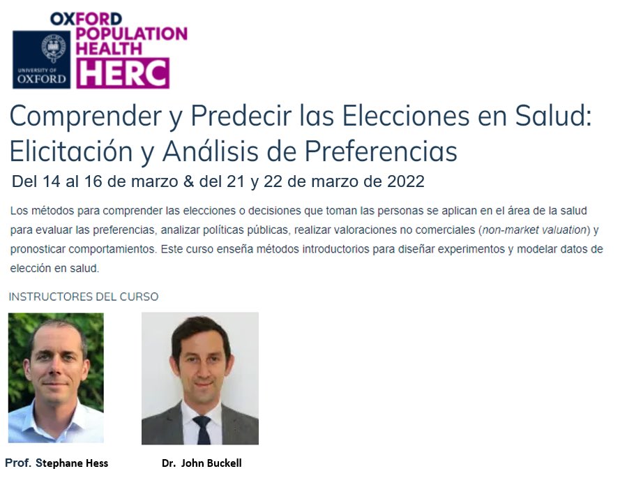 PGongoraSalazar's tweet image. 🤓📕💻Sólo quedan 3 días para inscribirse (con tarifa especial) al curso de @Oxford_NDPH @HERC_Oxford para #LAC. Sesiones en inglés con tutores que hablan español X apoyar Q&amp;amp;A. No se lo pierdan!!! #EconTwitter #ChoiceModelling #HealthEconomics
Link👉herc.ox.ac.uk/herc-short-cou…