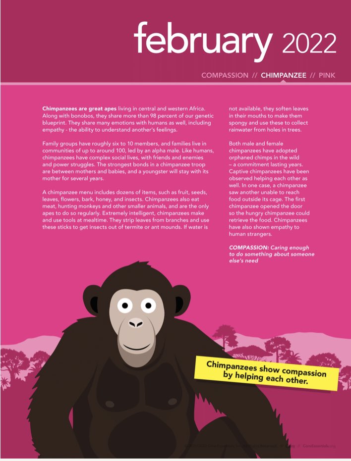 February’s animal of the month is the chimpanzee. Chimpanzees show compassion by helping each other.