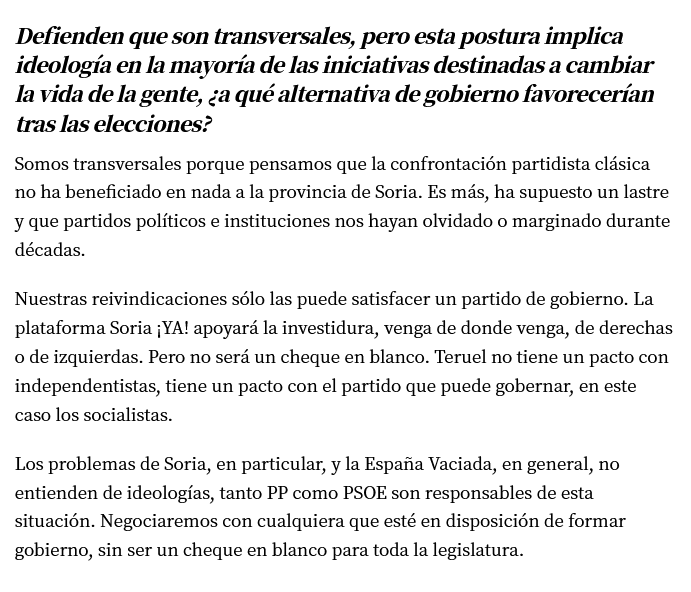 SoriaAutonoma's tweet photo. @elsorianofiel Por lo que se lee en prensa y declaran sus candidatos, pactarán con quien puede formar gobierno, ya sea de izquierdas o de derechas. Como dijo muchas veces Teruel Existe y terminó pactando con Sánchez https://t.co/fttj7owH0I