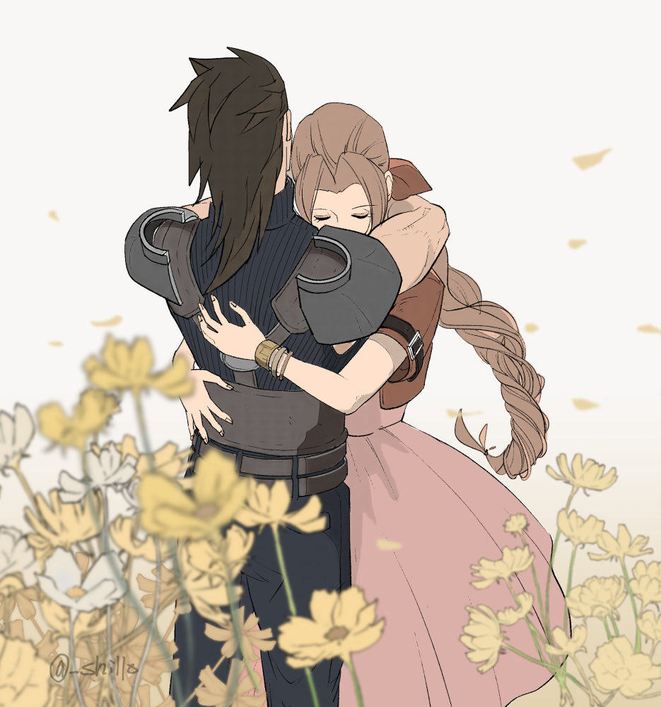 aerith gainsborough 1girl 1boy brown hair flower braided ponytail dress long hair  illustration images