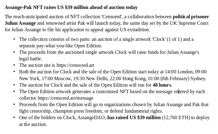 Assange-Pak NFT raises US $39 million ahead of auction today | @muratpak The collection consists of two parts: an auction of a single artwork 'Clock' (1 of 1) and a separate pay-what-you-like Open Edition | Today beginning at 14:00 GMT Auction Site: censored.art