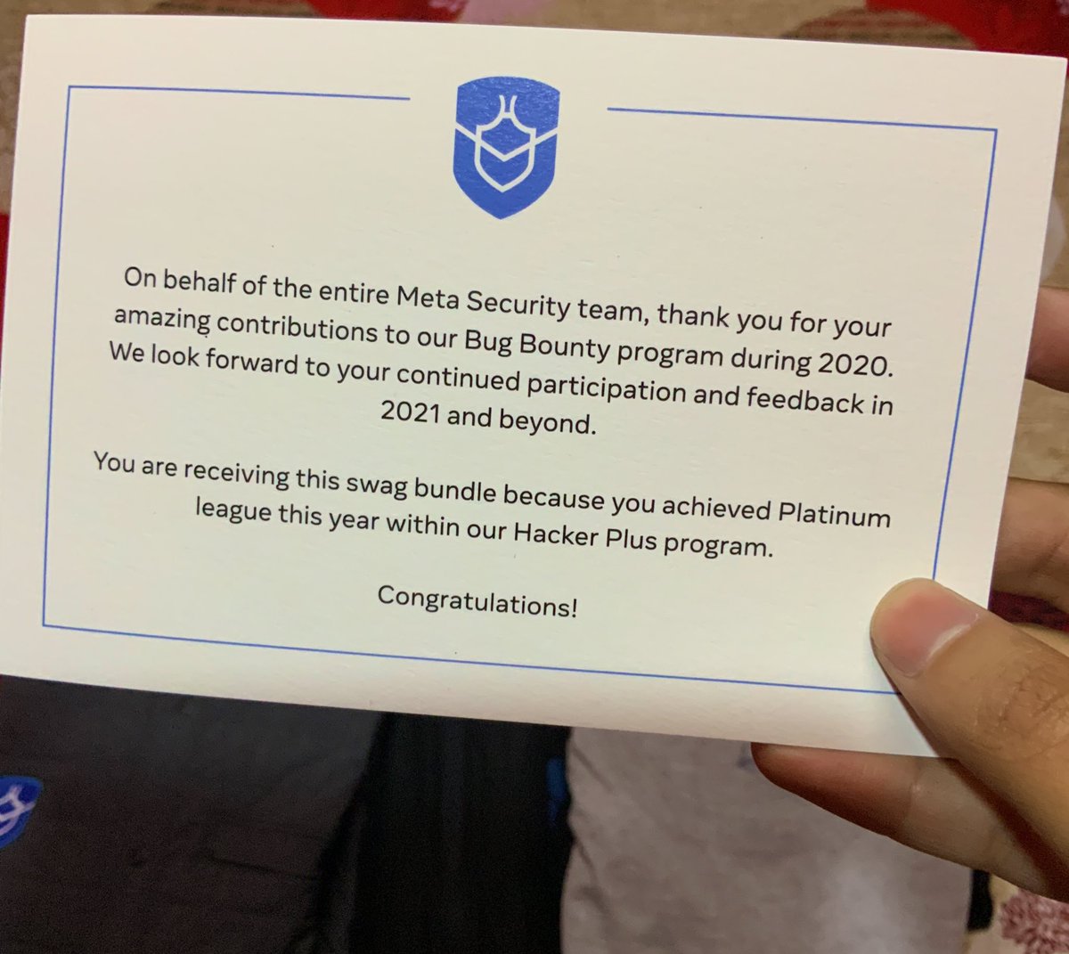 saugatscript's tweet image. Swag Bundle from @Meta (Facebook) 😎
Thank you @fbsecurity for the great token of appreciation. ❤️