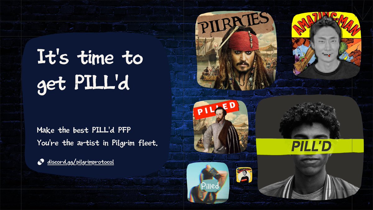 PilgrimProtocol's tweet photo. 🌠It's time to get PILL'd💊
Become an artist in Pilgrim fleet by creating a Pill’d PFP!

Unleash your creativity and make the best PILL’D PFP.
The best artist will be given the opportunity to publish their PFP as Meta NFT.

How to get 💊'd: 🧵👇

#NFTs #pilgrimprotocol #getpilled https://t.co/PHdNXfMPVy