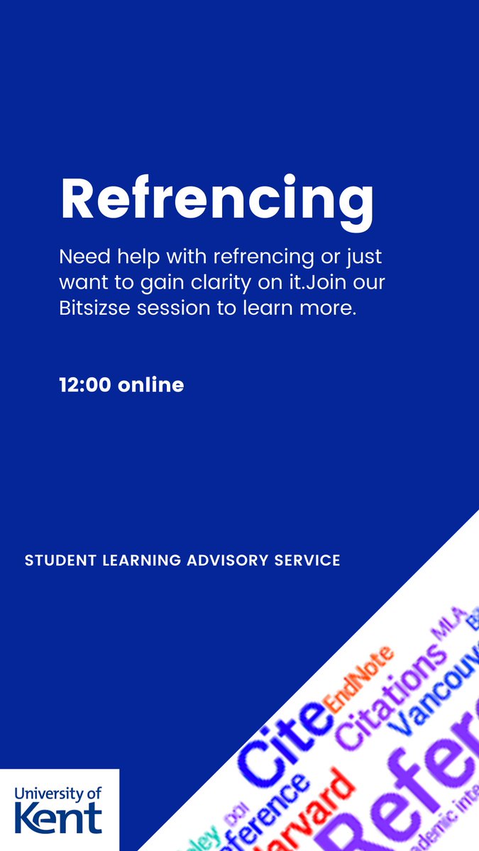 sas_kent's tweet image. Join us today at 13:00 on our Bitesize session on Referencing #referencing #citing #essay #university
 @unikentmature @KBS_Kent @PhilosophyKent @unikentelearn @UniKentEnglish