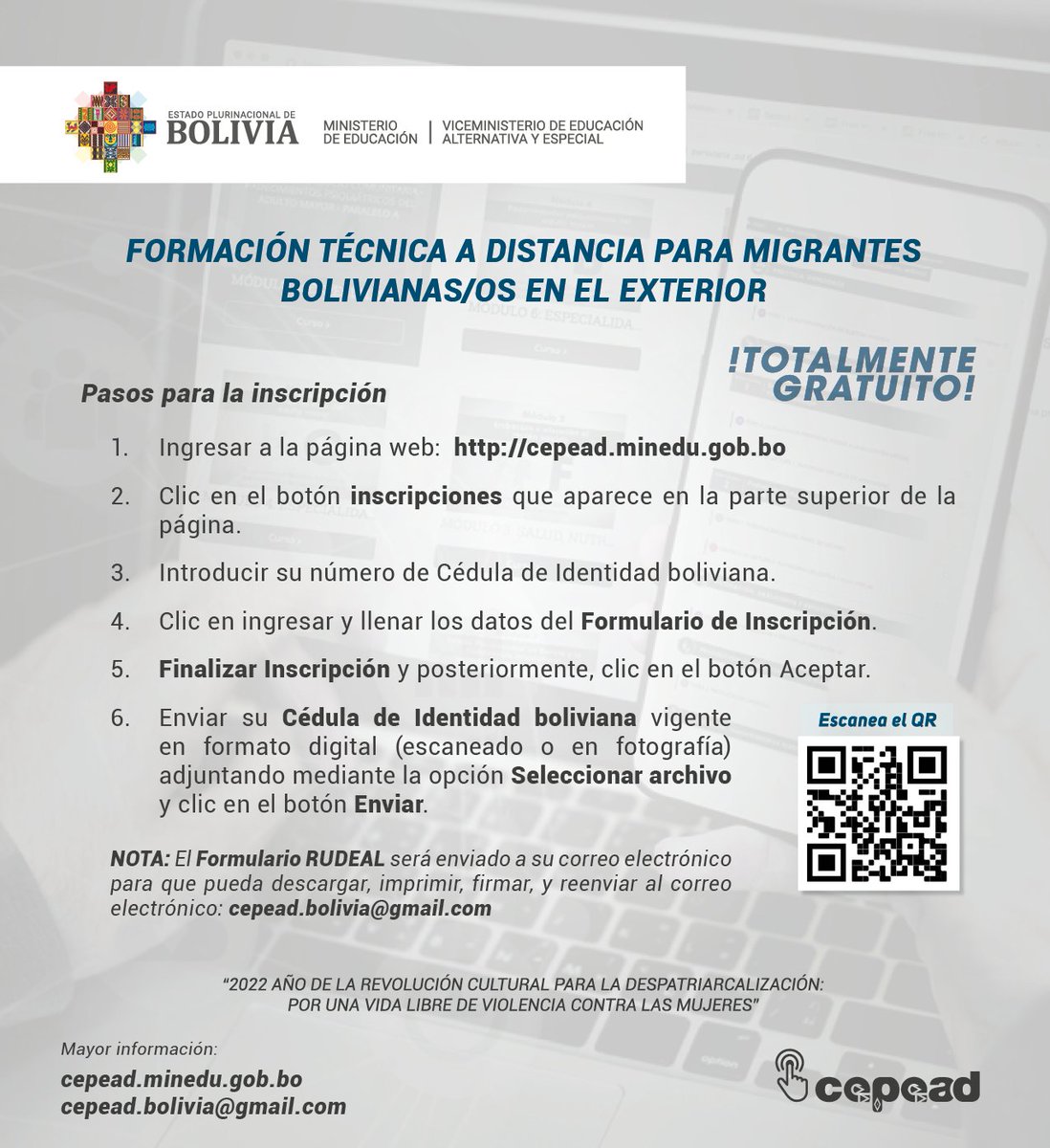 CEPEAD1's tweet photo. FORMACIÓN Y CAPACITACIÓN TÉCNICA A DISTANCIA
¡INSCRIPCIONES ABIERTAS HASTA EL 16 FEBRERO!
¡TOTALMENTE GRATUITAS!

Inscripciones en el siguiente enlace:
https://t.co/gGbm5h3ALB

Portal Web:
https://t.co/FMtM93h6Kl

Correo Institucional: cepead.bolivia@gmail.com https://t.co/kao3XEEciZ