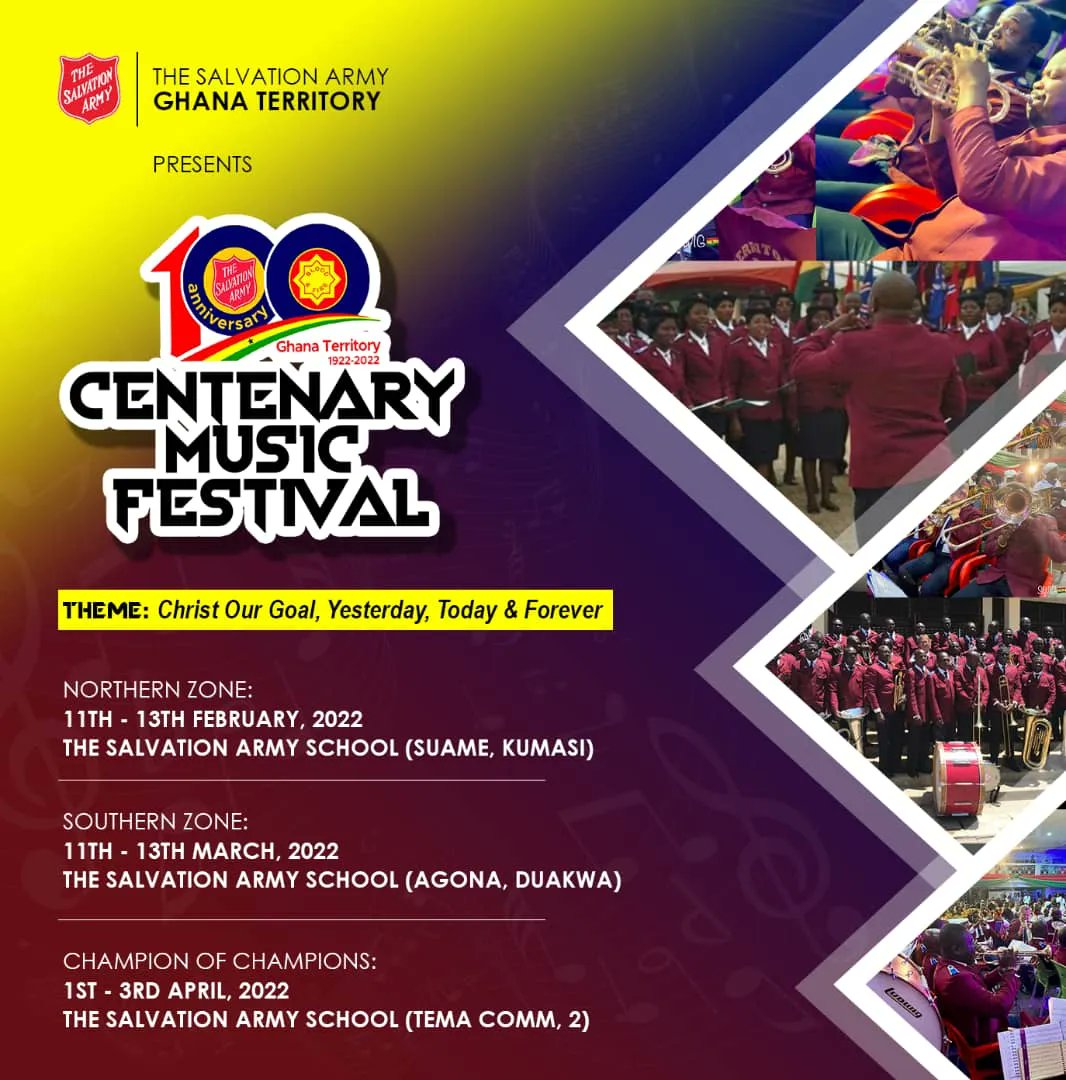 SalArmyGh's tweet photo. The Salvation Army - Music Department is hosting a Centenary Music Festival! A music competition, celebration, and ceremony with singing and instruments. Please  contact your local Salvation Army for more information. https://t.co/qABDegFES3