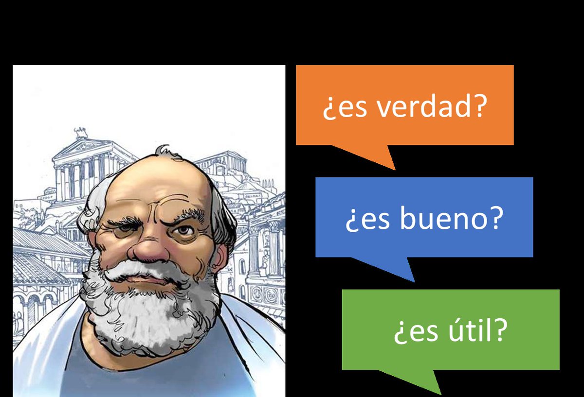 Entonces Sócrates se mostró rotundo y exclamó:— Bien, pues si no sabes si es verdad, no es positivo y tampoco es de utilidad: ¡NO ME CUENTES NADA!