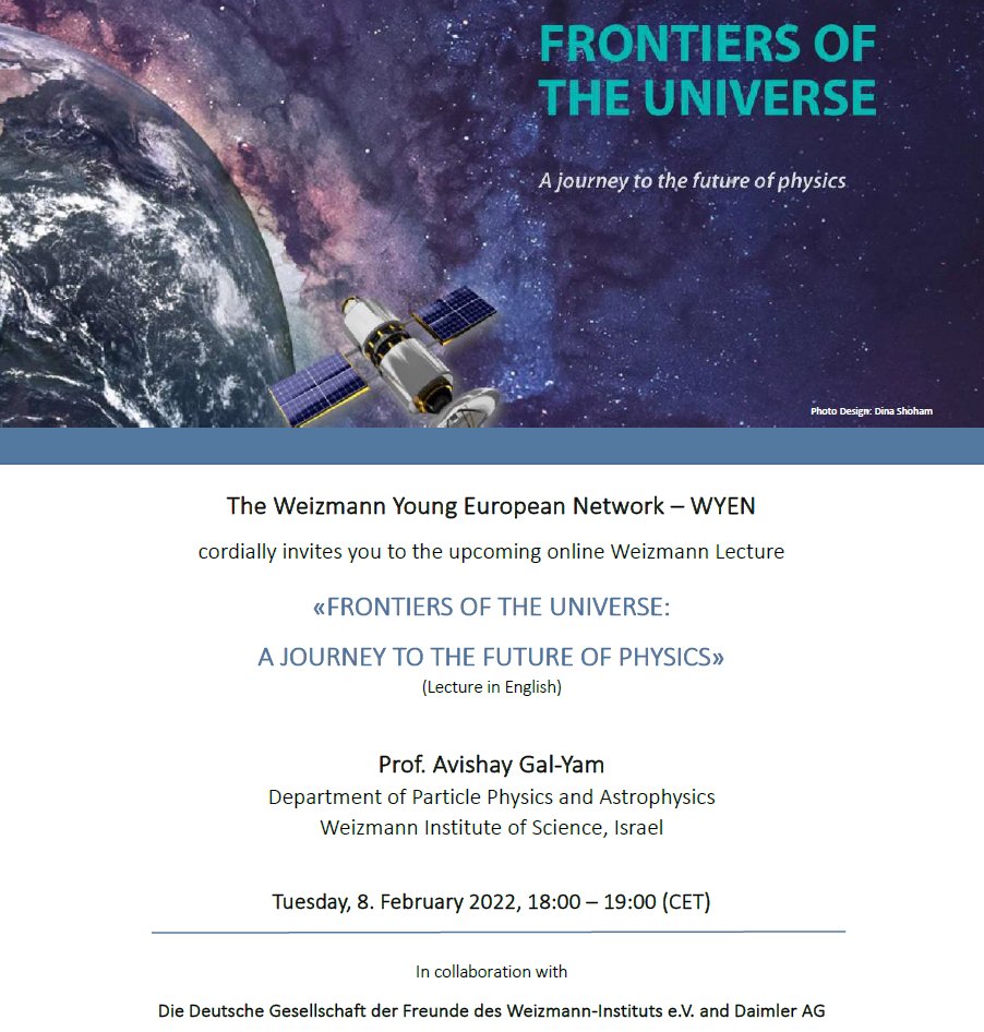 Join us this Feb. 8th from 18:00 - 19:00 (CET) to hear more about what the future of space exploration could hold! 
Welcoming the Dean of the Faculty of Physics and Astrophysics from the Weizmann Institute of Science <a href="/WeizmannScience/">Weizmann Institute</a> 
Register here: wyen.club/events/
#WYEN