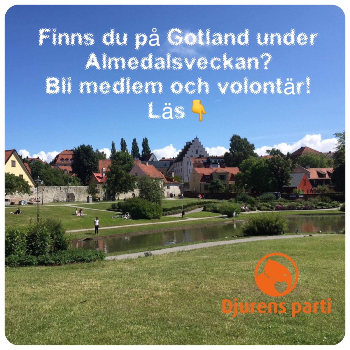 Bor du på Gotland? Vill du vara med och ge djuren och planeten en stark röst under Almedalsveckan? Vill du hjälpa till i vårt tält under 3-7 juli? Maila oss på val2022@djurensparti.se så berättar vi mer.🍀 #teamplanet #djurrätt #gotland #visby