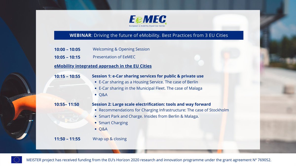 Want to know more about #emobility, #ElectricVehicles and #charging infrastructures?

Then join our #webinar “Driving the future of eMobility. #BestPractices from 3 EU Cities” and discuss with our #experts on key topics

📅23 Feb - 10:00 CET
✍️Register: bit.ly/35O0Iff